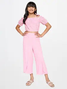 Global Desi Girls Self Design Pure Cotton Square Neck Top With Trousers