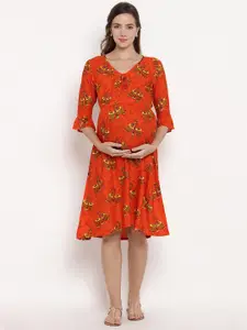 SIDE KNOT Conversational Printed V-Neck A-Line Maternity Dress