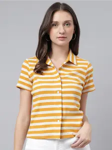 Xpose Yellow Comfort Horizontal Striped Cotton Casual Shirt