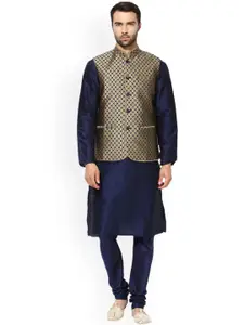 KISAH Men Navy Blue Self Design Kurta with Churidar & Nehru Jacket