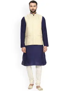 KISAH Men Navy Blue & Beige Self Design Kurta with Churidar & Nehru Jacket