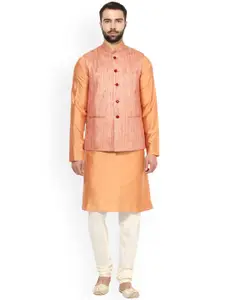 KISAH Men Peach-Coloured Self Design Kurta with Churidar & Nehru Jacket