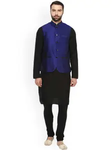 KISAH Men Black Self Design Kurta with Churidar & Nehru Jacket