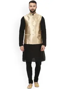 KISAH Men Black Self Design Kurta with Churidar & Nehru Jacket