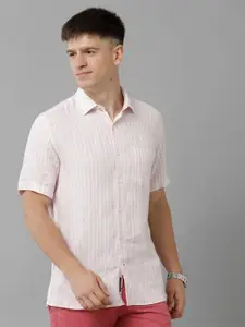 Linen Club Striped Spread Collar Short Sleeves Linen Casual Shirt