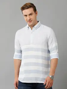 Linen Club Horizontal Striped Button down Collar Pure Linen Casual Shirt