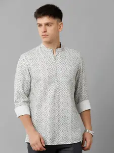 Linen Club Geometric Printed Mandarin Collar Pure Linen Casual Shirt