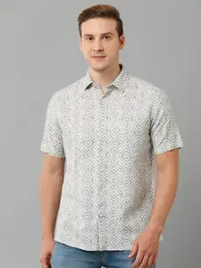 Linen Club Geometric Printed Short Sleeve Pure Linen Casual Shirt