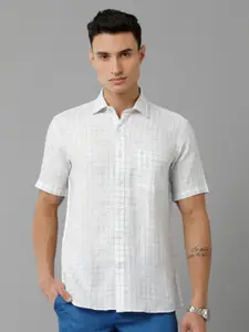 Linen Club Grid Tattersall Checked Short Sleeve Pure Linen Casual Shirt