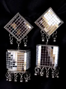 Krelin Silver-Plated Square Shaped Artificial Beads Mirror Jhumka Earrings