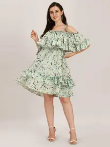 Oomph! Floral Printed Cold Shoulder Ruffled A-line Dress