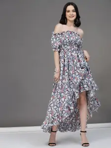 Oomph! Floral Print Puff Sleeve Crepe A-Line Dress