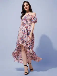 Oomph! Floral Printed Off-Shoulder Puff Sleeves Fit & Flare Midi Dress
