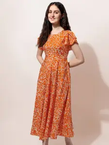 Oomph! Floral Print Flutter Sleeve Crepe Fit & Flare Maxi Dress