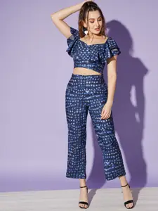 WoowZerz Printed Sweetheart Neck Ruffled Top With Trousers