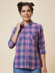 Globus Blue & Purple Checked Pure Cotton Shirt Style Top