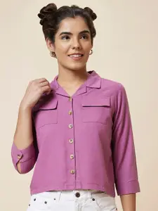 Globus Purple Crop Three-Quarter Sleeves Shirt Style Top