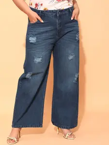 CURVY STREET Plus Size Women Blue Comfort Mildly Distressed Pure Cotton Flared Jeans