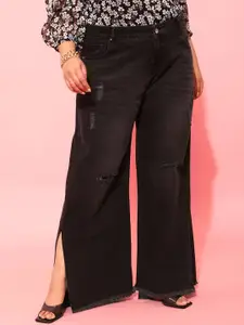 CURVY STREET Plus Size Women Charcoal Comfort Low Distress Pure Cotton Flared Jeans