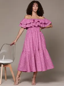 bebe Brighter Basics Off Shoulder Schiffli Embroidered Tiered Midi Dress
