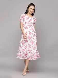 aayu Puff Sleeves Smocked Floral Printed Georgette A-Line Midi Dress