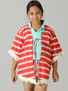 KiddoPanti Girls Kaftan Lace Printed Striped Cotton Shrug