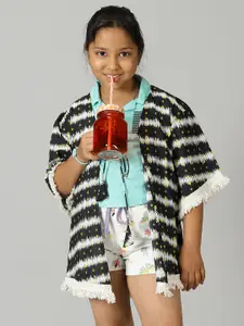 KiddoPanti Girls Kaftan Lace Printed Striped Cotton Shrug