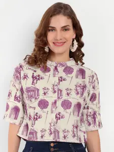 Rediscover Fashion Conversational Printed Mandarin Collar Pure Cotton Crop Shirt Style Top