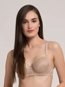 MAKCLAN Nude-Coloured Floral Medium Coverage Underwired Lightly Padded Bra