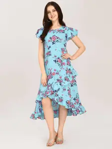 Oomph! Floral Printed Flutter Sleeves Ruffled A-Line Midi Dress