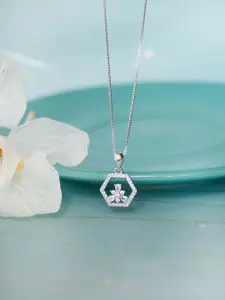 MANNASH Sterling Silver Rhodium-Plated Hexagon With A Flower Pendant With Chain