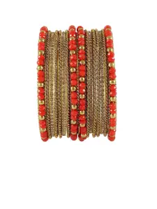 NMII 16-Pcs Gold-Plated Zircon & Pearls Studded Antique Bangles