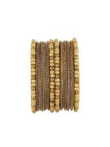 NMII 16-Pcs Gold-Plated Zircon & Pearls Studded Antique Kada Bangles
