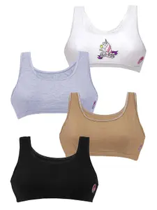 DChica Girls Pack Of 4 Non-Padded Full Coverage All Day Comfort Seamless Cotton Sports Bra