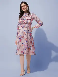 Oomph! Floral Printed Puff Sleeves Ruffled A-Line Dress