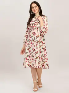 Oomph! Floral Print Puff Sleeve Crepe Fit & Flare Midi Dress