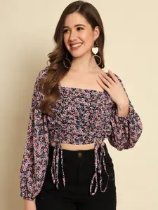 Trend Arrest Floral Printed Square Neck Puff Sleeve Ruched Top