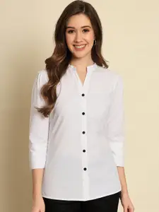 Trend Arrest Classic Mandarin Collar Puff Sleeves Cotton Slim Fit Formal Shirt