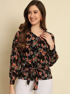 Trend Arrest Floral Printed Cuffed Sleeve Waist Tie-Up Top