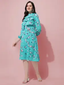 Oomph! Floral Printed Puff Sleeves Ruffled A-Line Dress