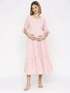 MeeMee Polka Dot Printed Fit & Flare Cotton Maternity Dress