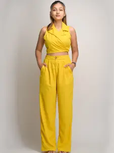 Street Style Store Lapel Collar Sleeveless Crop Top With Trousers Co-Ords