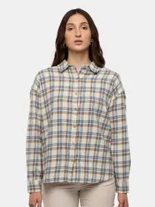 The Souled Store Beige Tartan Checked Drop Shoulder Sleeves Cotton Casual Shirt