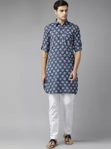 See Designs Men Floral Printed Indigo Pure Cotton Pathani Kurta