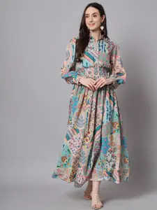 The Dry State Multicoloured Floral Print Bell Sleeve Georgette Maxi Dress