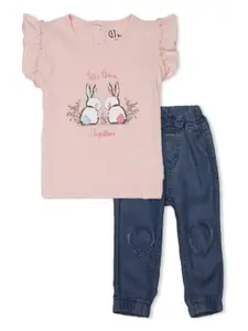 GJ baby Infant Girls Printed Pure Cotton Top with Jeans Clothing Set