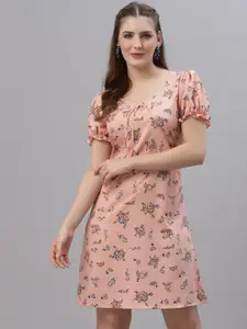 Oomph! Floral Printed Puff Sleeves Fit & Flare Dress