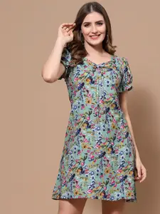Oomph! Floral Printed Puff Sleeves A-Line Dress