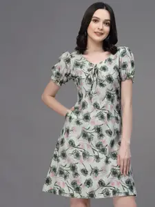 Oomph! Floral Print Tie-Up Neck Puff Sleeved A-Line Dress