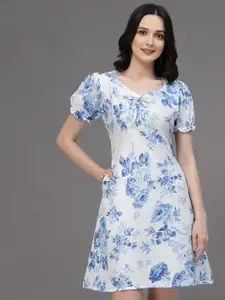 Oomph! Floral Print Puff Sleeve Crepe A-Line Dress